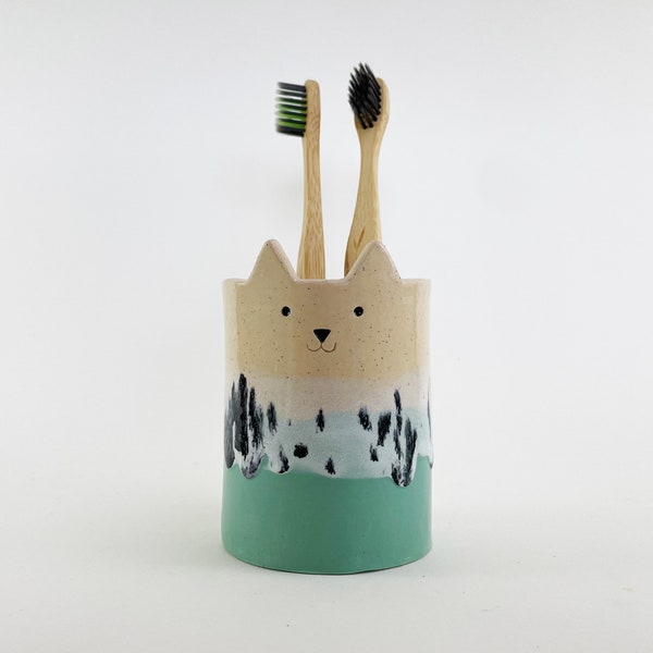 Toothbrush Holder, Ceramic Cat Planter, Pen Holder or Plant Pot, Mothers Day Gift