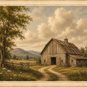May include: A landscape painting depicting a weathered wooden barn with a rusted metal roof, situated at the end of a dirt path in a grassy field. A large tree stands on the left, with a wooden fence and distant mountains under a cloudy sky.