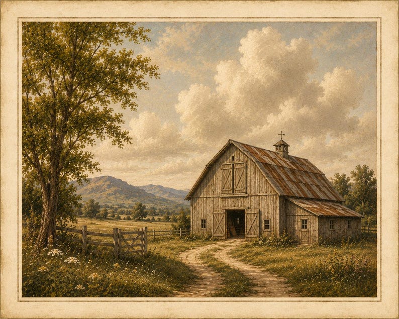 May include: A landscape painting depicting a weathered wooden barn with a rusted metal roof, situated at the end of a dirt path in a grassy field. A large tree stands on the left, with a wooden fence and distant mountains under a cloudy sky.