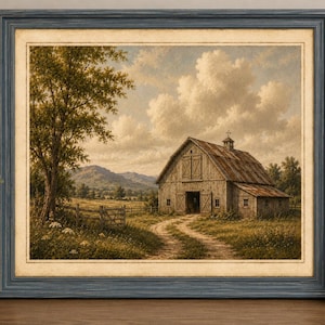 May include: A framed landscape painting depicting a rustic wooden barn with a weathered roof, situated in a grassy field with a dirt path leading to the entrance. A large tree stands on the left, with rolling mountains and a cloudy sky in the background.