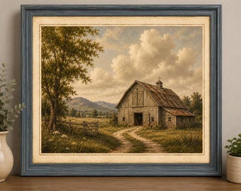 Può includere: Un dipinto paesaggistico incorniciato raffigurante un rustico fienile in legno con tetto usurato, situato in un campo erboso con un sentiero sterrato che conduce all'ingresso. Un grande albero a sinistra, con montagne e cielo nuvoloso sullo sfondo.