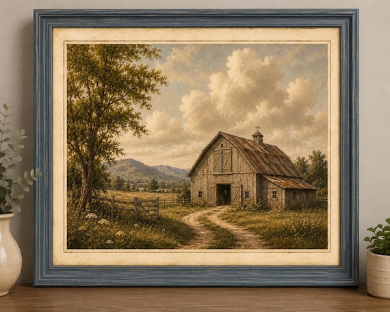 Rustic Barn Landscape Printable | Vintage Farmhouse Wall Art | Country Cottage Digital Download | 8x10 Printable