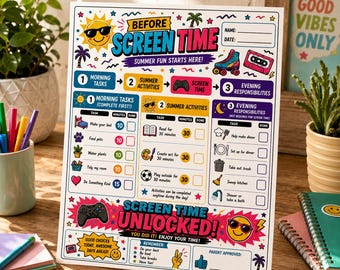 Può includere: Una colorata tabella di controllo Before Screen Time con sezioni per le attività mattutine, estive e le responsabilità serali. Il design include icone come un sole, pattini a rotelle e un controller di gioco, con spazi per nomi, date e approvazione.