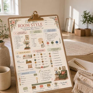 May include: A brown wooden clipboard holding a printed Find Your Room Style design helper sheet. The document features numbered sections, checkboxes, and illustrations of furniture, plants, and decor, with text detailing room design steps.