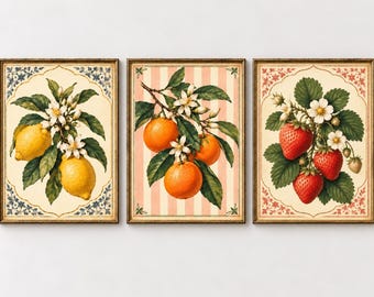 Può includere: Tre stampe d'arte da parete incorniciate con illustrazioni botaniche. La stampa a sinistra mostra limoni gialli con fiori bianchi, quella centrale arance con fiori bianchi su sfondo a righe e quella a destra mostra fragole rosse.