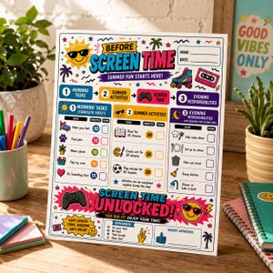 Könnte beinhalten: Ein farbenfrohes Before Screen Time Checklisten-Plakat mit Abschnitten für morgendliche Aufgaben, Sommeraktivitäten und abendliche Pflichten. Das Design enthält Symbole wie eine Sonne, Rollschuhe und einen Gamecontroller sowie Felder für Namen und Datum.