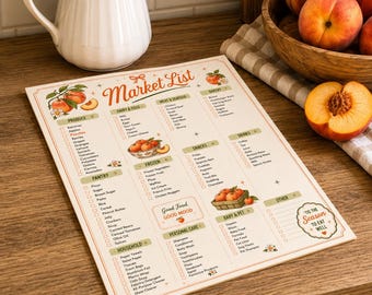 Può includere: Una lista della spesa stampata su un foglio rettangolare con sezioni categorizzate per prodotti freschi, latticini, carne, dispensa, surgelati, snack, bevande, casa, cura della persona e articoli per neonati, decorata con illustrazioni di pesche.