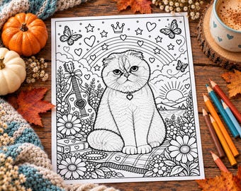 Può includere: Una pagina da colorare in bianco e nero con un gatto seduto che indossa un ciondolo a forma di cuore. L'illustrazione include una chitarra, fiori, un arcobaleno, stelle, cuori e un sole. Il gatto è seduto su una coperta a quadri.