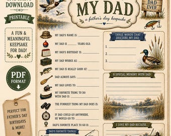 Può includere: Un questionario stampabile per la festa del papà intitolato All About My Dad con illustrazioni di anatre, un lago, attrezzatura da pesca e un cartello in legno con la scritta Best Dad Ever. Il documento include righe per scrivere le risposte.