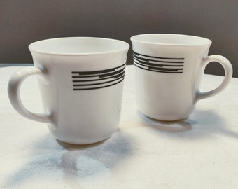 Two Corning Coffee Cups &quot;Optic&quot; pattern White w/ Black Horizontal Stripes, Art Deco Style 1980s, Corelle, Tea, Coffee, Microwave Safe, USA