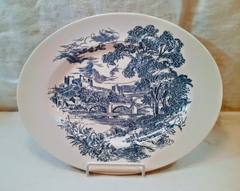 Wedgwood Countryside, Platter, Oval, 12", Blauw en Wit, Serveerplaat, Engeland, Engels, Enoch Wedgewood, Eetkamer, 1960's, Kasteel