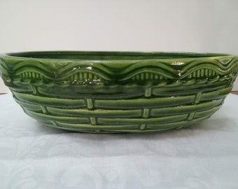 Haeger, plantador, verde, oval, cestaria, tigela de console, suculentas, peça central de mesa, peça central de Natal, cerâmica artística, cerâmica, década de 1960