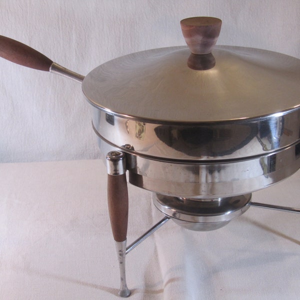 1950s Chafing Dish, Danish Style, Mid-Century Stainless Steel Round, Teak Wood, Fondue, Canned Heat, Sterno, Retro, MCM, Food Safe, Made USA