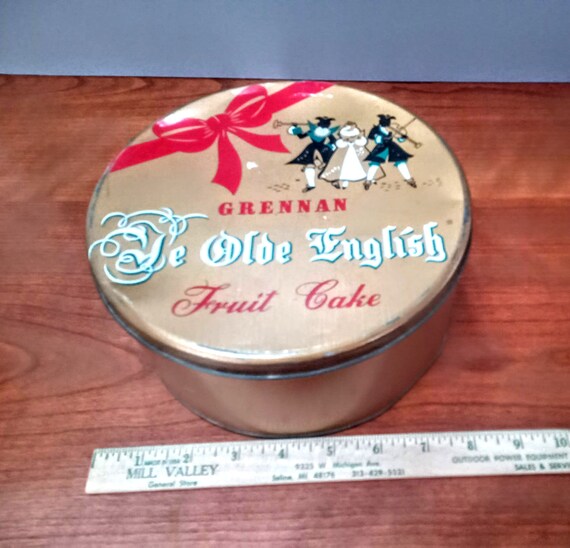 Christmas Tin, Metal Tin, Fruitcake Tin, 1960s, Grennan Ye Olde