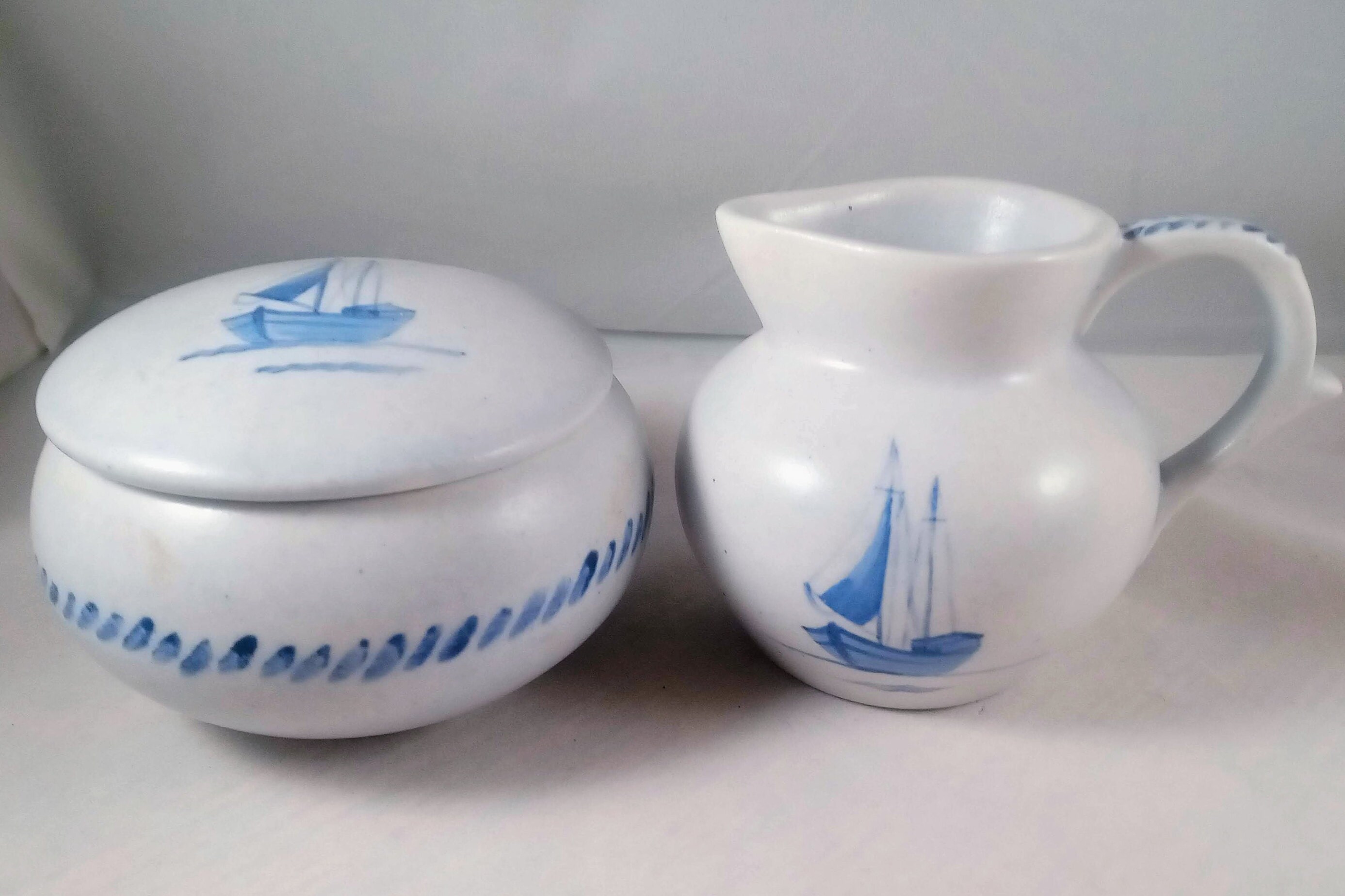 Ipswich Crafts Set 3 Cups Plus Sugar Bowl W/ Lid and Creamer low Tide