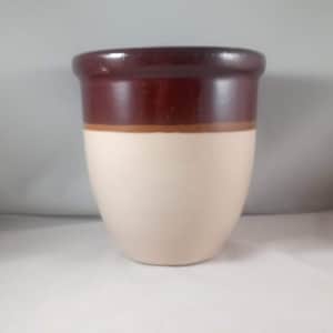 Crock Vase, R.R.P. Co., 5-3/4&quot; tall, Brown and Tan, Roseville, Crockery, Earthenware, Ohio, USA, Robinson Ransbottom, Stoneware, Bowl, 1970s