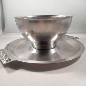 Sauce Boat, Stainless Steel, Round, International Decorator, Gravy Boat, Attached Drip Tray Floral Pattern, 5-1/2&quot; Bowl, 1970s Danish Décor
