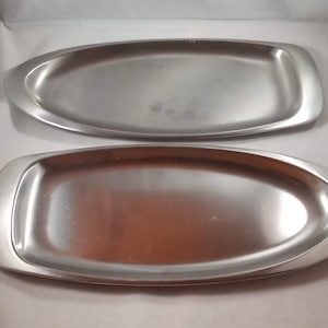 1950&#39;s, Pair, Small Serving Trays, West Bend, Stainless Steel, 12-1/2&quot;, Set of Two, Serving, Bread Tray, Mid Century, Danish Style, MCM