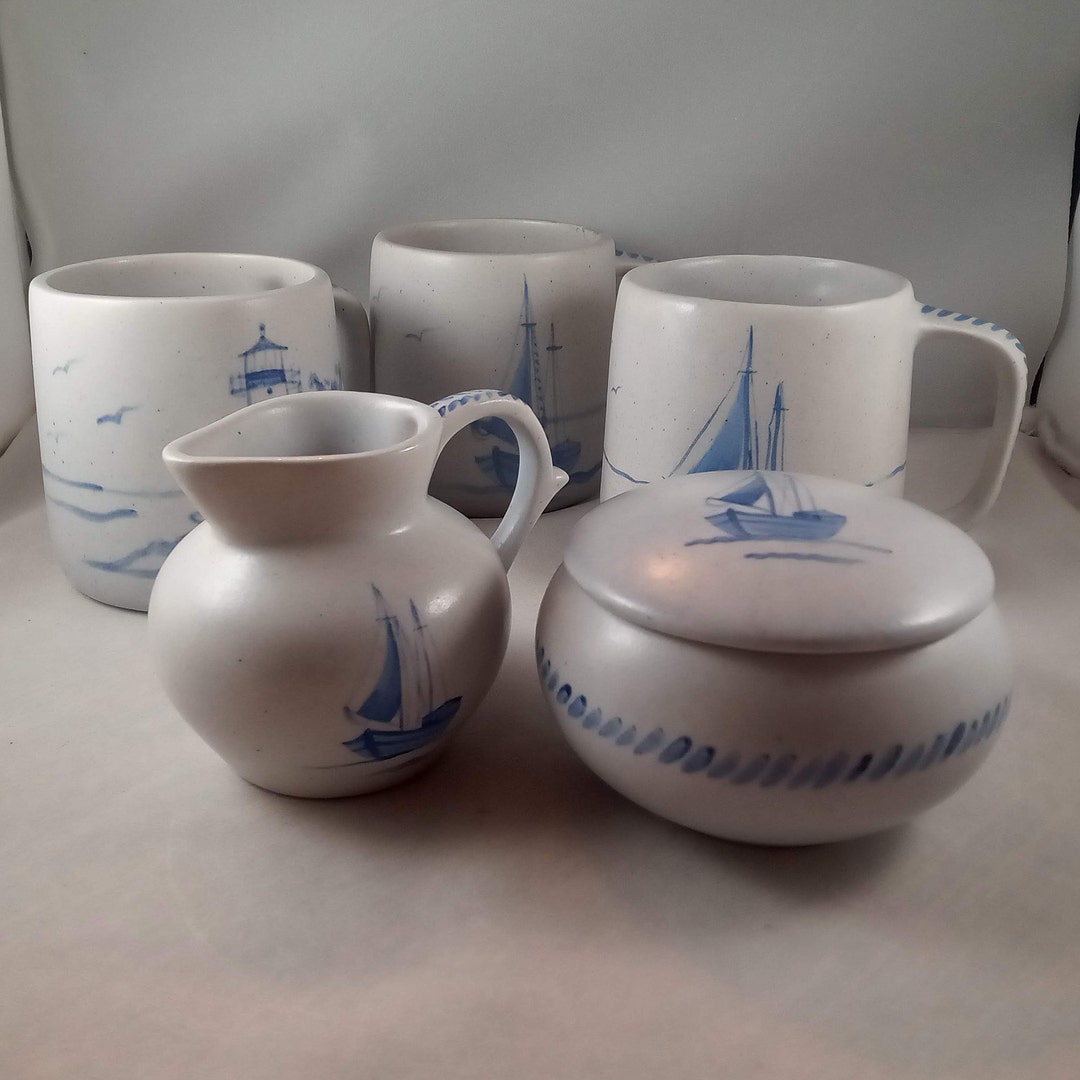 Ipswich Crafts Set 3 Cups Plus Sugar Bowl W/ Lid and Creamer low Tide