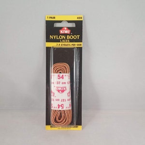 May include: A package of brown nylon boot laces, 54 inches long, with the Kiwi brand logo and the text "Nylon Boot Laces" and "7-9 Eyelets Per Side".
