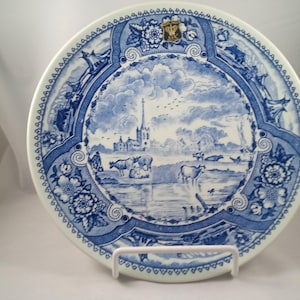Boch Freres, Delft, Plate, Golden Crown, H&R, Belgium, La Louviere, Blue and White, Church and Cows Scene, Wall Plate, Windmill, Flowers