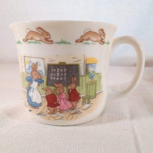 May include: A white ceramic mug with a handle features a colorful illustration of Peter Rabbit and his friends in a classroom setting. The illustration includes a chalkboard with the equation 1+2=3, 2+3=5, 3+4=7.