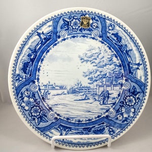 Boch Freres, Delft, Plate, Golden Crown, H&R, Belgium, La Louviere, Blue and White, Country Lane Scene, Wall Plate, Windmill, Flowers, 1970s