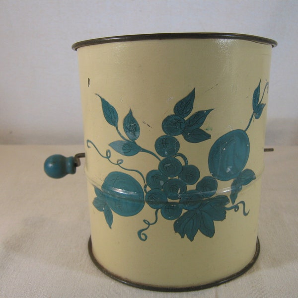 Painted Tin Flour Sifter 1950s Mid Century Kitchen Country Kitchen, Works Hand Crank Blue Fruit Design on Ivory Very Little Wear Cake Making