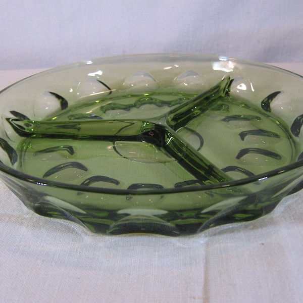 Olive Green Relish Dish, Divided, 3 Section, 1950s 1960s, Kings Crown, Colony Glass, Thumbprint, Avocado Green, 8 Inches, Snack Tray