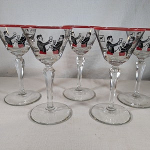 Pickwick Papers Dickens Martini Glasses by Libbey Glass, Set of 5, Two Men Raising Glass for a Toast, Stemmed Cocktail Glasses, Red Rim, Pub