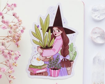 Pflanze Hexe und Ente Aufkleber | Journal Sticker, Planer Sticker, Scrapbook Sticker, Witchy Sticker, Magisch, Frühling, Blumen, Bücher