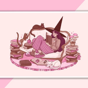 Book Witch And Cats Art Print | Poster, Wall Decor, Artwork, Witch Poster, Witchy Illustration, Spooky, Magical, Bookish