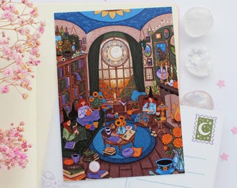 Family Parlor Postcard A6  | Greeting Card, Scrapbook, Penpal, Cozy Postcard, Magical, Witch, Autumn, Plants, Books, Halloween
