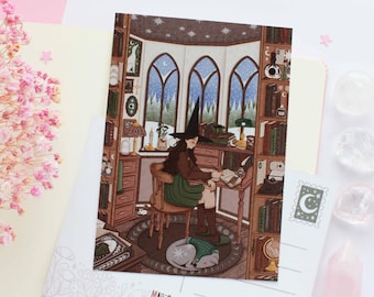 Dark Academia Witch Writing At The Desk Postcard A6  | Greeting Card, Scrapbook, Penpal, Cozy Postcard, Magical, Witch, Winter