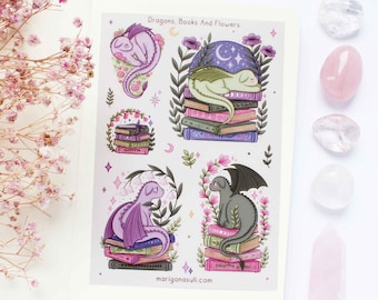 Dragons, Books And Flowers Matt Vinyl Waterproof Sticker Sheet | Journal Stickers, Scrapbook, Planner, Witchy, Magical, Fairy Tale