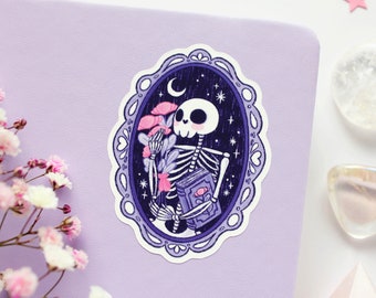 Skully (The Book Loving Skeleton) Waterproof Matt Vinyl Sticker | Journal Sticker, Planner Sticker, Witchy Sticker, Magical, Spooky