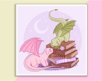 Books And Dragons Print | Poster, Wall Decor, Artwork, Witch Poster, Witchy Illustration, Autumn, Magical, Dragon, Cozy, Fantasy