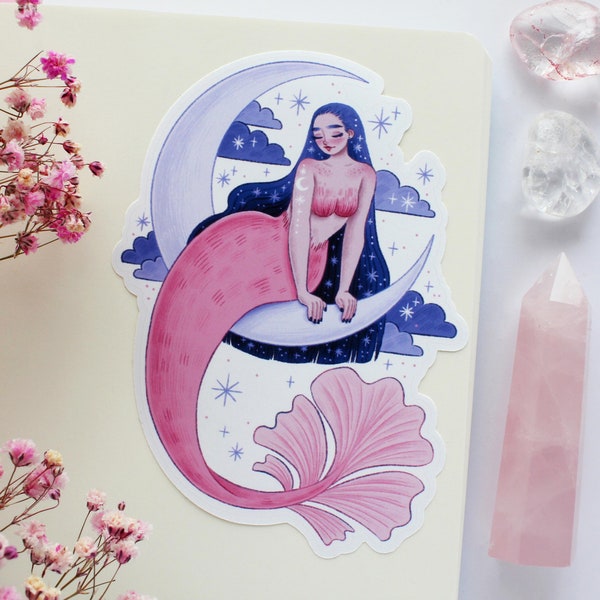 Moon Mermaid Sticker | Journal Sticker, Planner Sticker, Scrapbook Sticker, Witchy Sticker, Magical, Witch, Halloween, Celestial