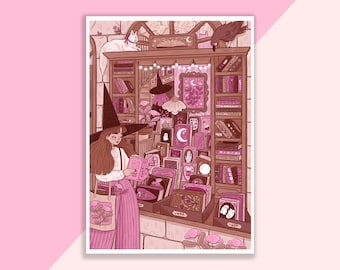Magical Bookstore Art Print | Plakat, Dekoracja ścienna, Dzieło sztuki, Plakat czarownicy, Ilustracja czarownicy, Straszny, Magiczny, Książkowy