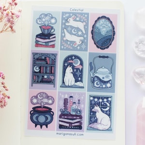 Feuille d'autocollants imperméables en vinyle mat Celestial Illustrations | Stickers pour carnet, scrapbooking, agenda, sorcière, magique, céleste, astronomie