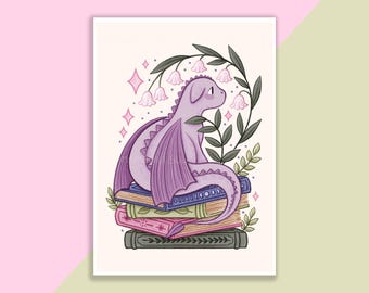 Purple Dragon, Books And Flowers Print | Poster, Wall Decor, Artwork, Witch Poster, Witchy Illustration, Magical, Fairy Tale