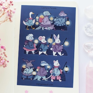 May include: A sheet of stickers featuring a lantern parade of animals. The animals include a goose, a dog, a fox, a rabbit, a mouse, a deer, a badger, and a cat. The animals are all wearing clothes and carrying lanterns. The stickers are on a blue background with the text "Lantern Parade" at the top.