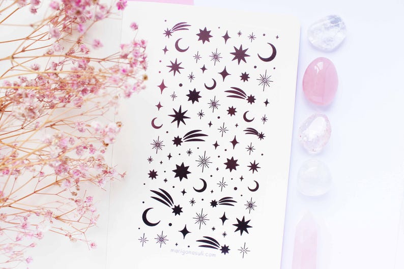 Moon and Stars Pink Foil Washi Paper Sticker Sheet | Journal Stickers ...