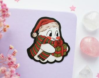 Boo The Ghost Loves Christmas Waterproof Matt Vinyl Sticker | Journal Sticker, Planner Sticker, Witchy Sticker, Magical, Skeleton