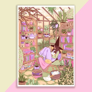 Impresión/póster de invernadero de brujas, decoración de pared, obra de arte, póster de brujas, ilustración de brujas, primavera, mágico, libros, patos, plantas, flores