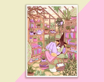 Witchy Greenhouse Print | Poster, Wall Decor, Artwork, Witch Poster, Witchy Illustration, Spring, Magical, Books, Ducks, Plants, Flowers