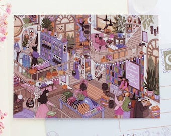 Witch's Emporium Postcard A6  | Greeting Card, Scrapbook, Penpal, Cozy Postcard, Magical, Witch, Autumn, Plants, Books, Halloween