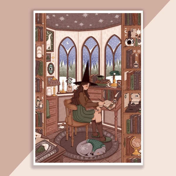 Print donkere academische heks die aan het bureau schrijft | Poster, Wanddecoratie, Kunstwerk, Heksenposter, Heksenposter, Heksenillustratie, Winter, Magisch