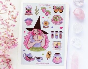 Summer Witch Matt Vinyl Waterproof Sticker Sheet | Journal Stickers, Scrapbook, Planner, Witchy, Magical, Sunflowers, Summer