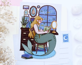 Reading Mermaid Postcard A6  | Greeting Card, Scrapbook, Penpal, Cozy Postcard, Magical, Witchy